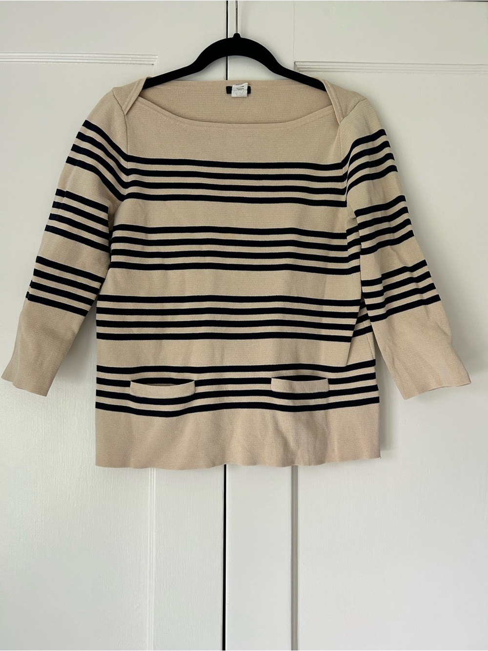 J.Crew Striped Boatneck Top Three-Quarter Sleeves Front Pockets Size Small
